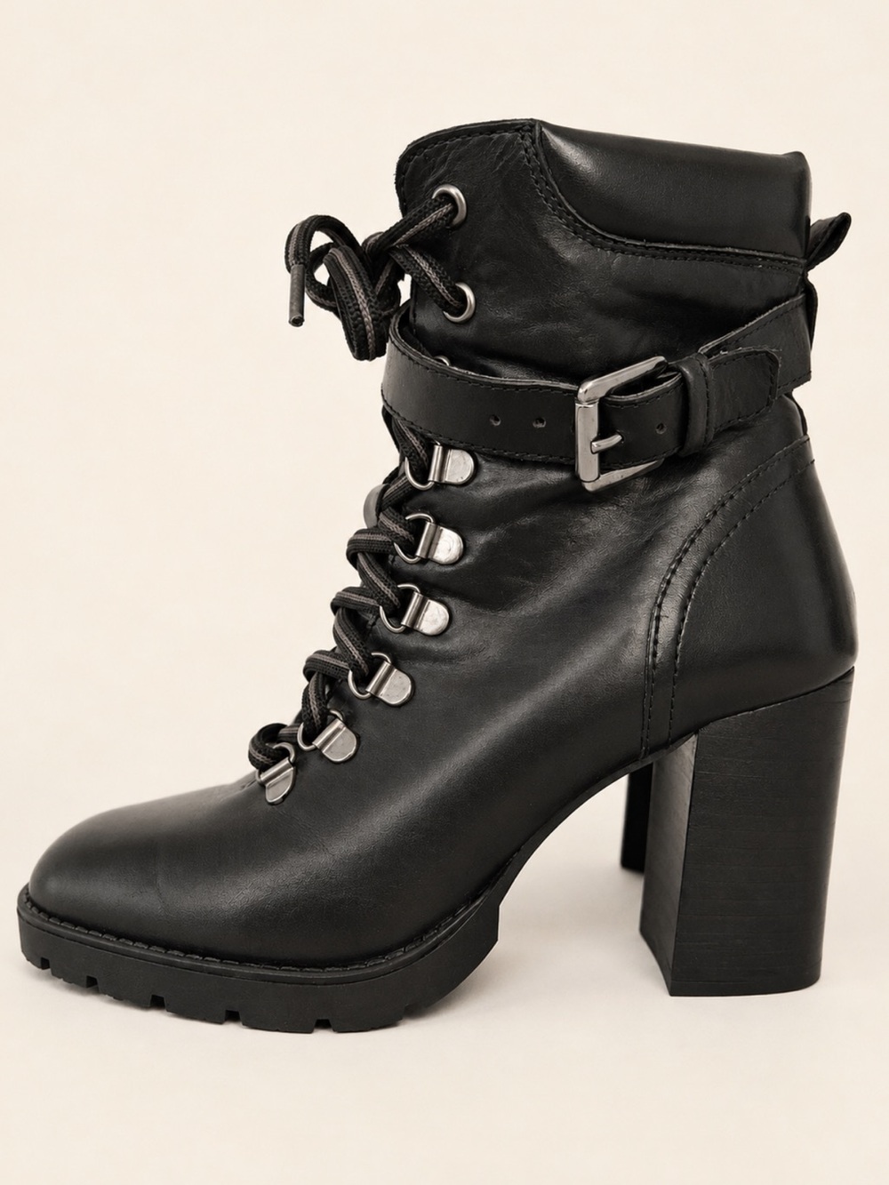 L’Intervalle Black Lace-Up Buckle Lug Sole Block Heel Boots 38 / 7.5